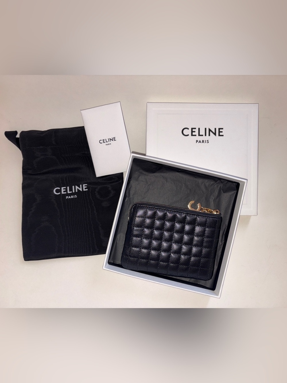NWT Celine Black Quilted Leather Zip Card Pouch with Gold Hardware